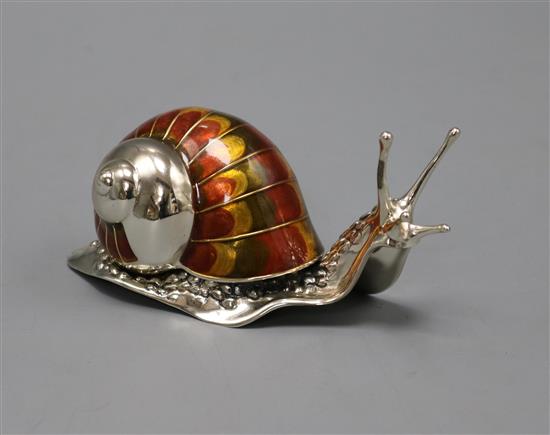 A modern silver and enamel model of a snail, length 93mm.